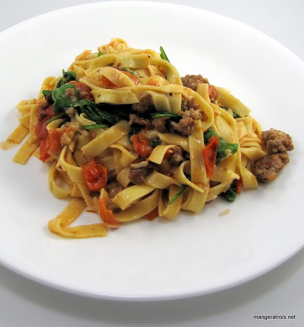 Sausage, Tomato, and Arugula Fettuccine